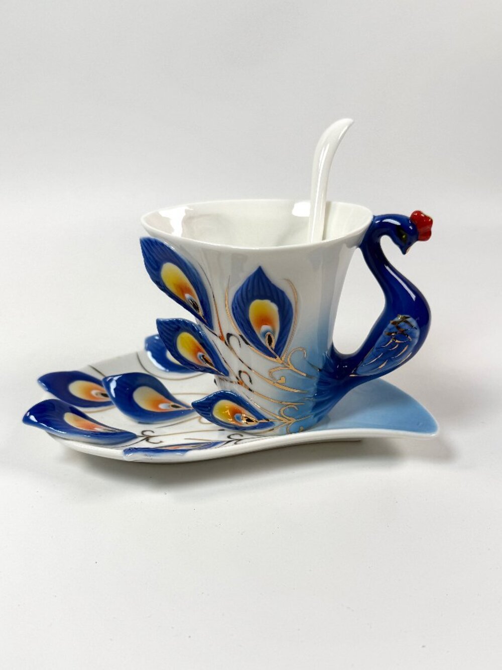 Peacock mug cup with saucer & spoon